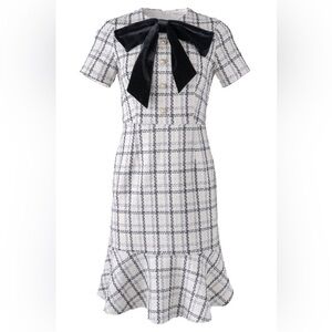 Ivy City Co Tweed Midi Dress Black White Bow Modest Feminine Size S